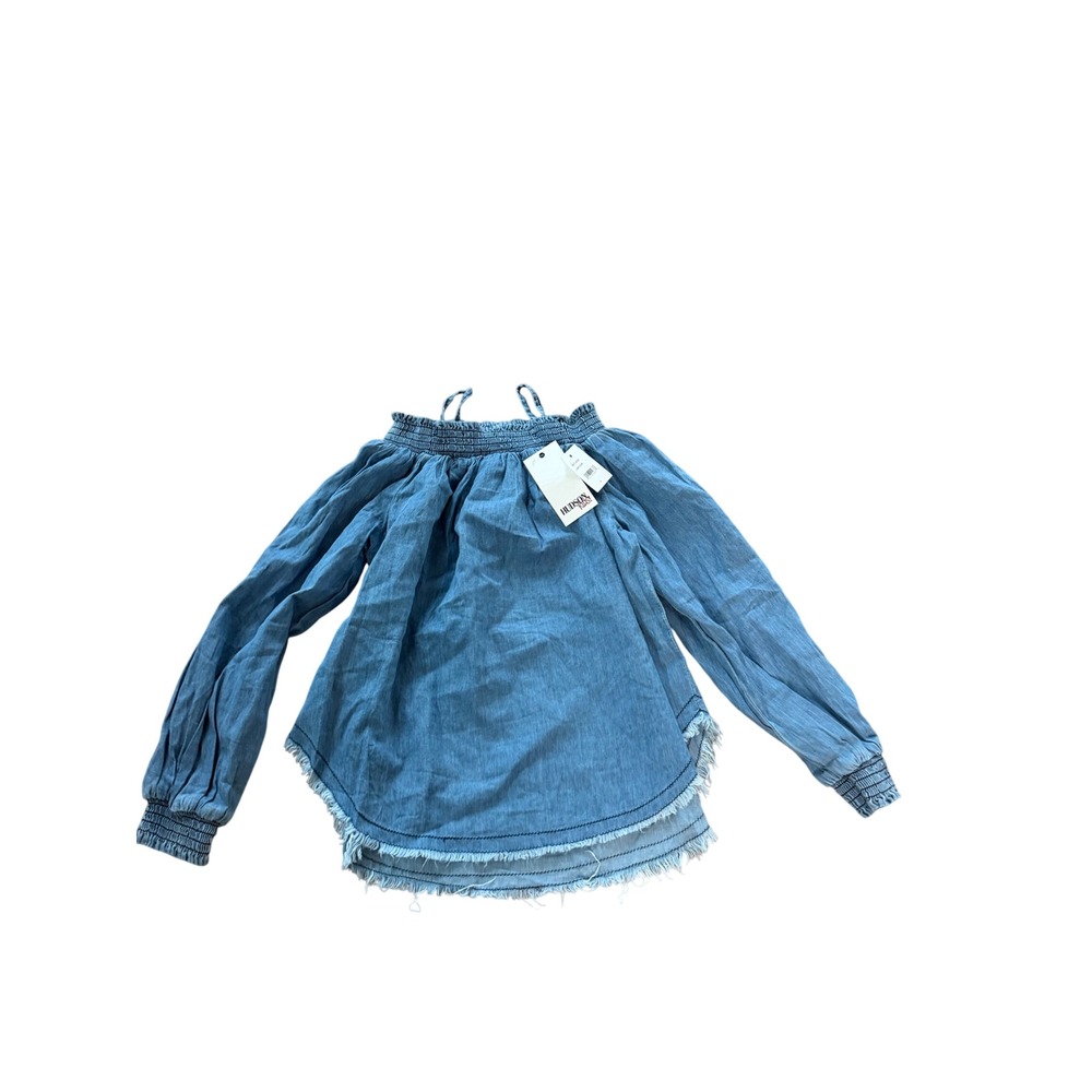 Hudson Kids Girls Blue Denim Off Shoulder Smocked Top Frayed Hem Size‎ L NWT